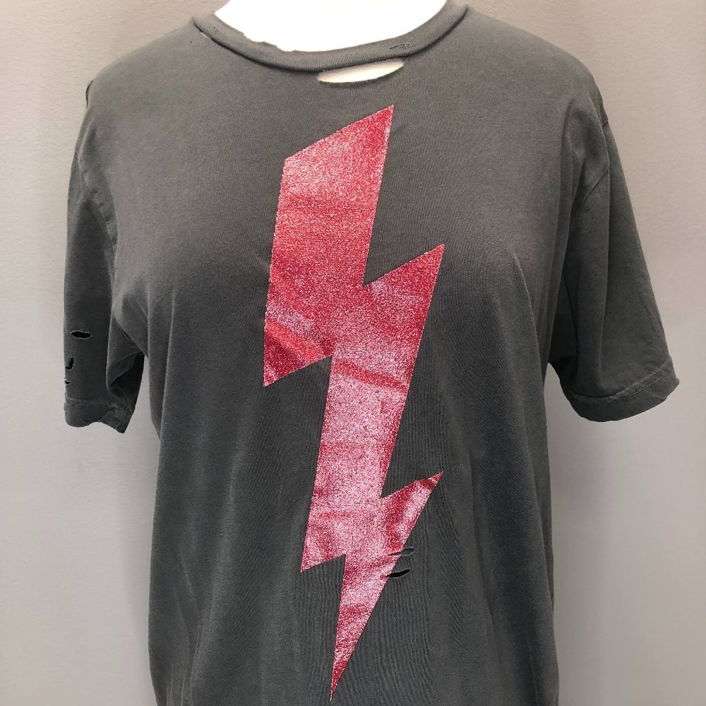 Distressed Tee with Vinyl Hot Pink Lightning Bolt
